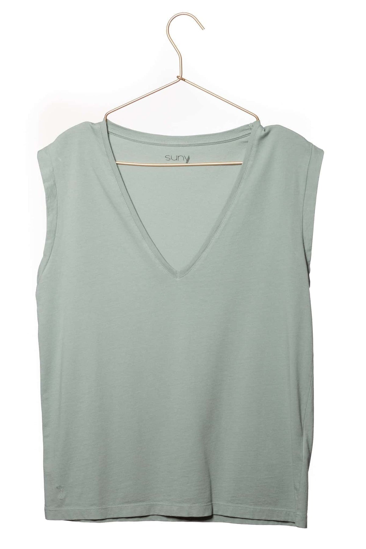 Tee shirt femme sans manche débardeur manche courte rock en coton jersey bio GOTS coupe droite, coupe ajustée, col V Vert sauge, vert gris, vert clair, vert doux