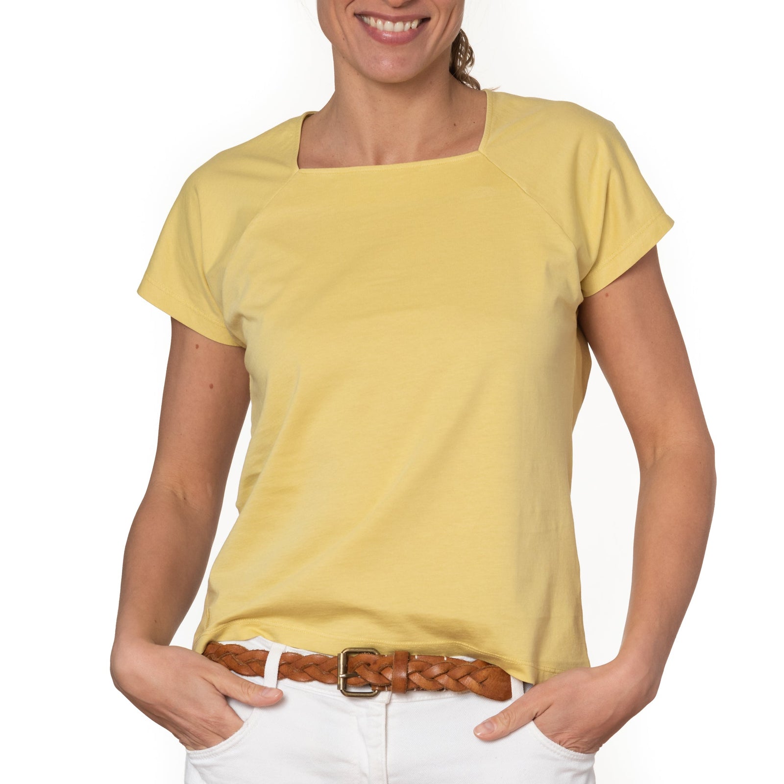 T shirt coton bio eco responsable femme col carré manche courte forme ajustee jaune suny