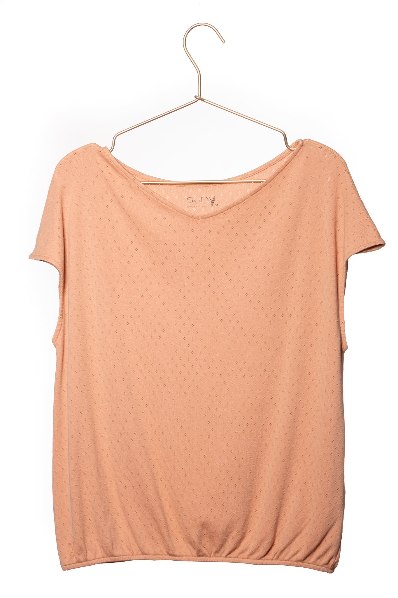 Tee shirt femme manche courte forme droite, blousant et resserré en bas de corps, matière douce en coton bio et GOTS ajourée col V rose des sables, rose doux, rose corail, rose brun, rose orange, vieux rose, rose ancien, rose beige, rose caramel