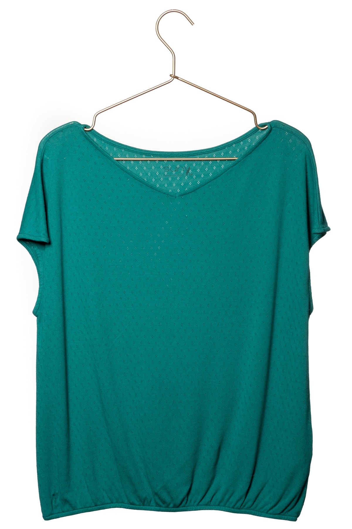 Tee shirt femme manche courte forme droite, blousant et resserré en bas de corps, matière douce en coton bio et GOTS ajourée col V vert émeraude, vert intense, vert lumineux, vert canard, vert bleu, vert vif, vert profond