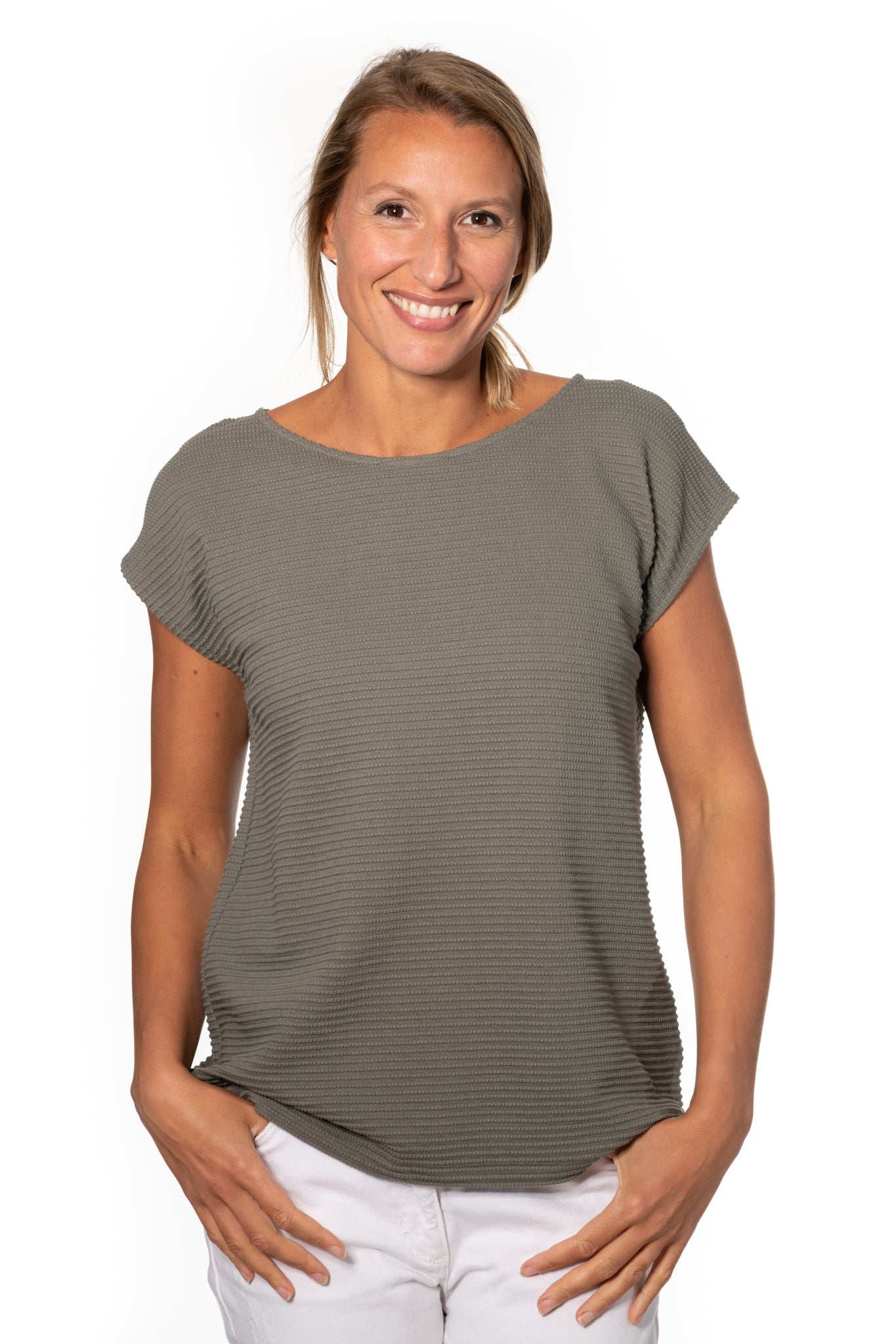 T shirt femme manche courte coupe droite uni coton bio GOTS eco responsable col rond évasé gris kaki, gris, kaki, vert doux, gris vert 