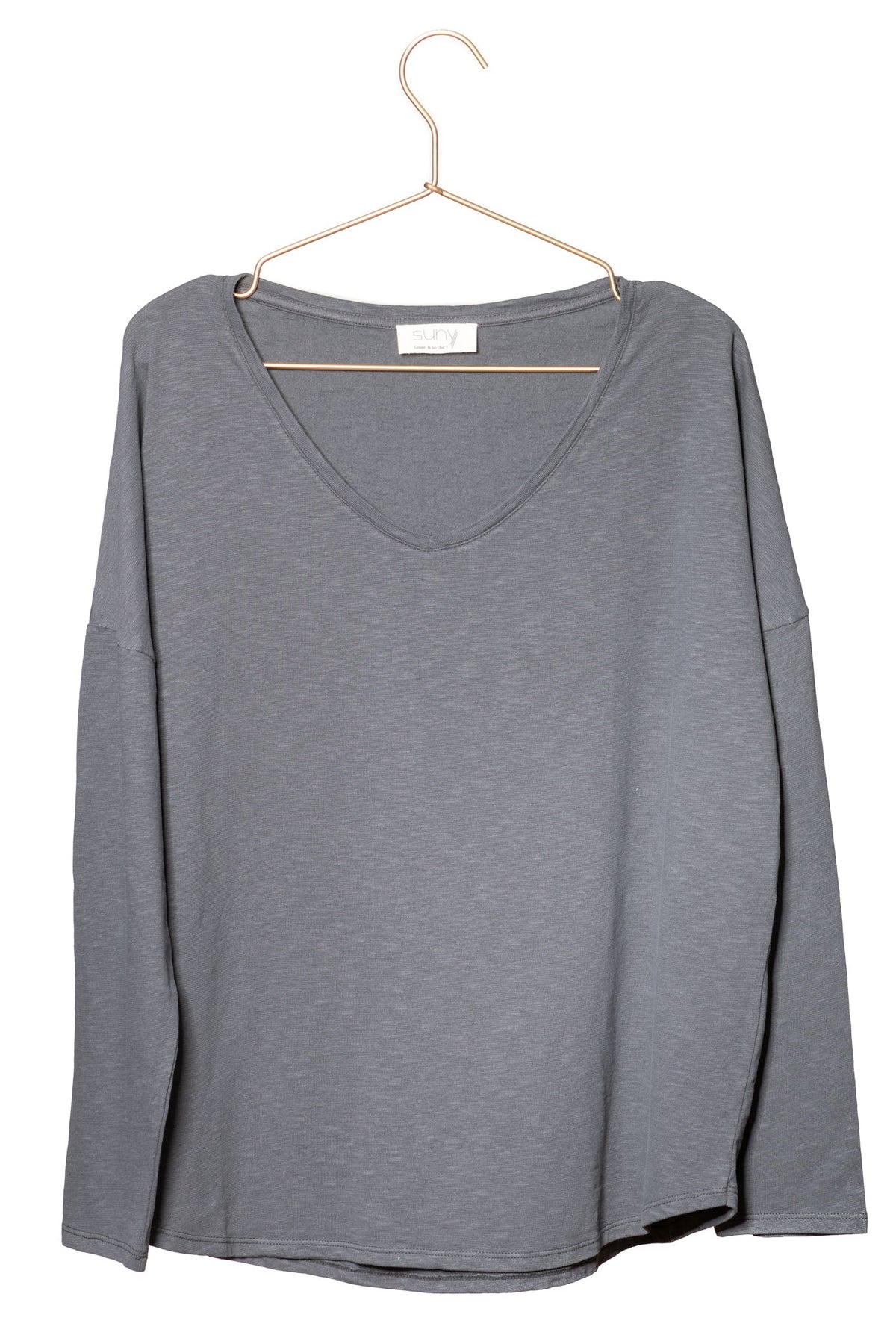 Extra suny V doux tee shirt femme manche longue col v coton 100% biologique gris foncé anthracite