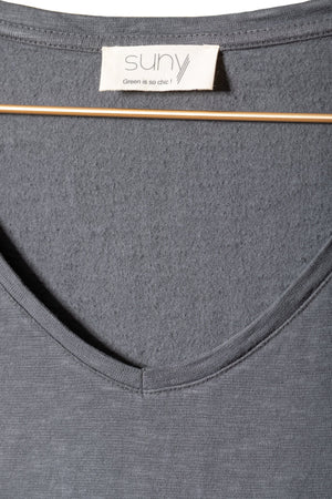 Extra suny V doux tee shirt femme manche longue col v coton 100% biologique gris foncé anthracite