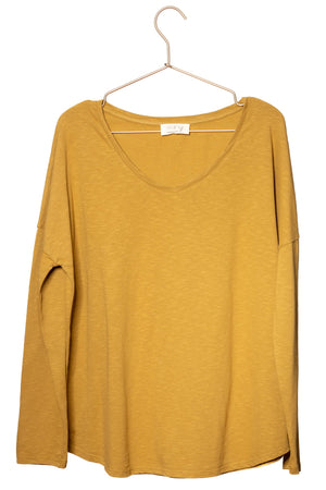 Extra suny V doux tee shirt femme manche longue col v coton 100% biologique bronze terre jaune