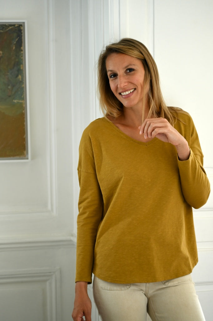 Tee shirt en coton bio EXTRA SUNY V DOUX bronze terre