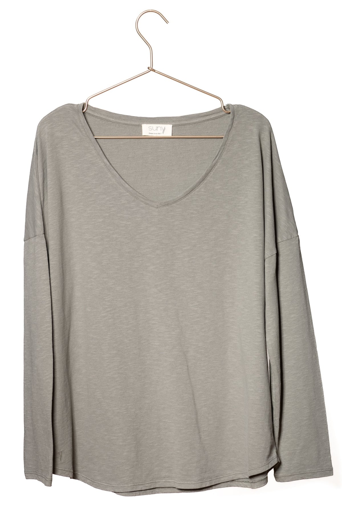 Extra suny V doux tee shirt manche longue femme col v coton 100% biologique gris kaki