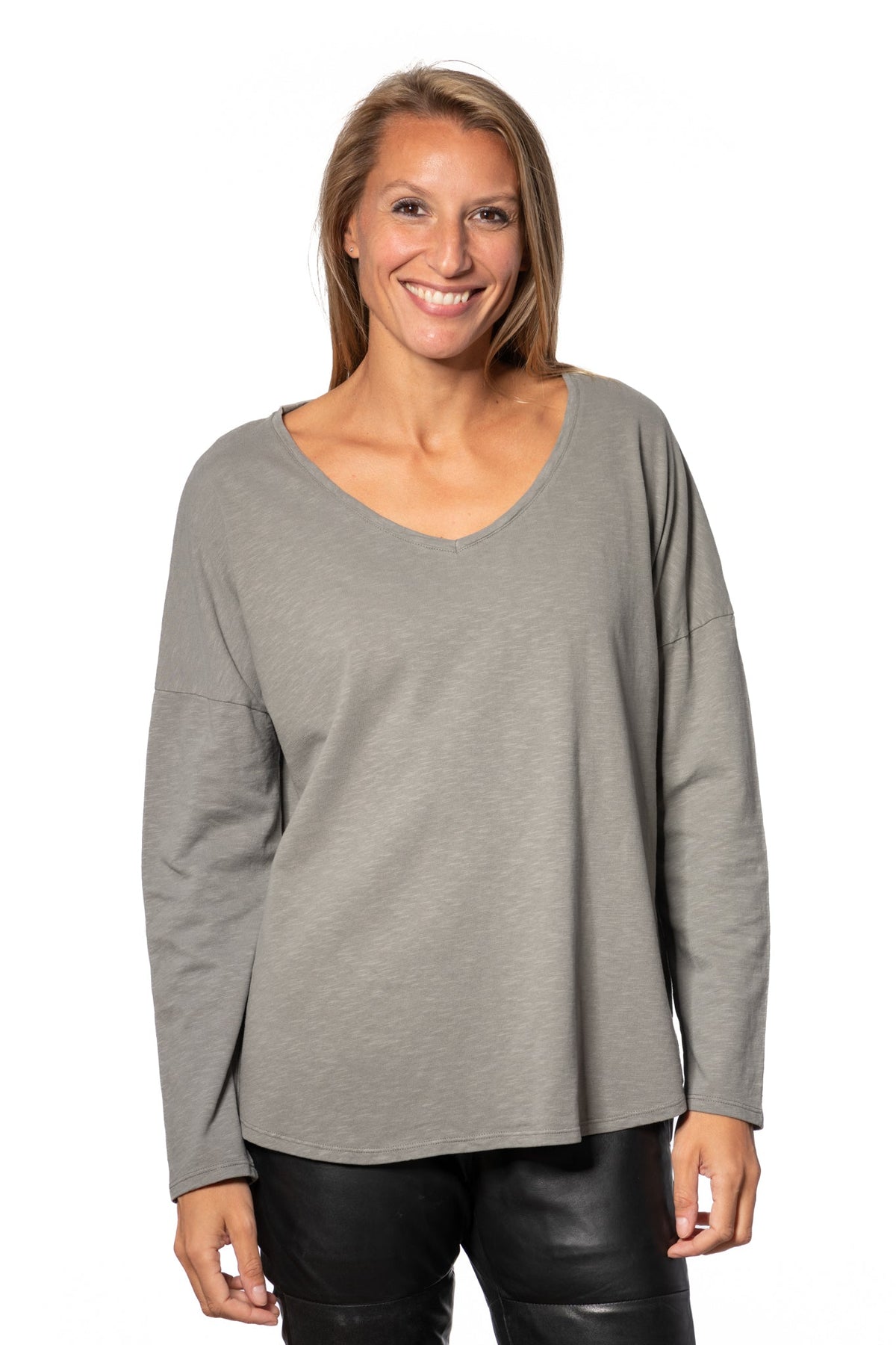 tee shirt 100% biologique  manche longue femme col v coton gris kaki Extra suny V doux