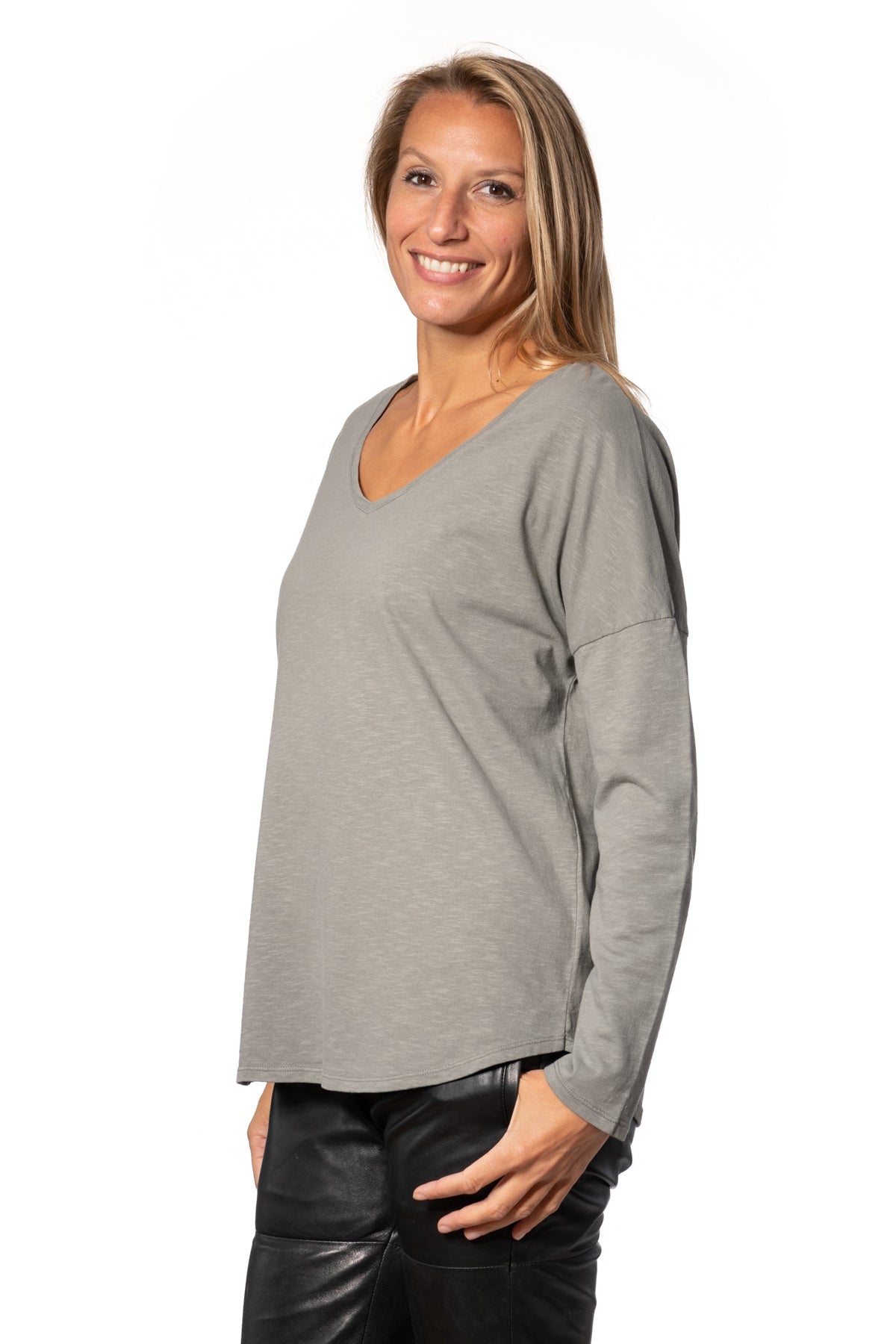 tee shirt 100% biologique  manche longue femme col v coton gris kaki Extra suny V doux