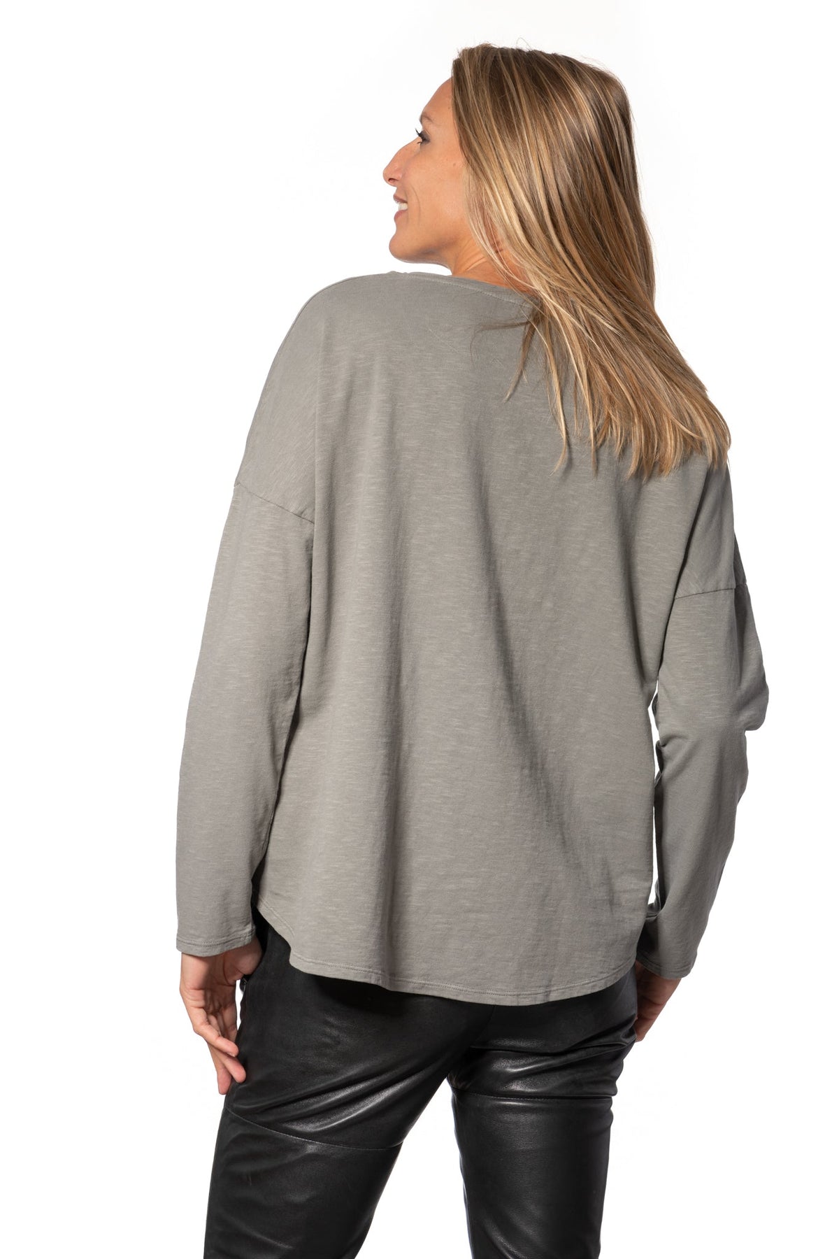 tee shirt 100% biologique  manche longue femme col v coton gris kaki Extra suny V doux