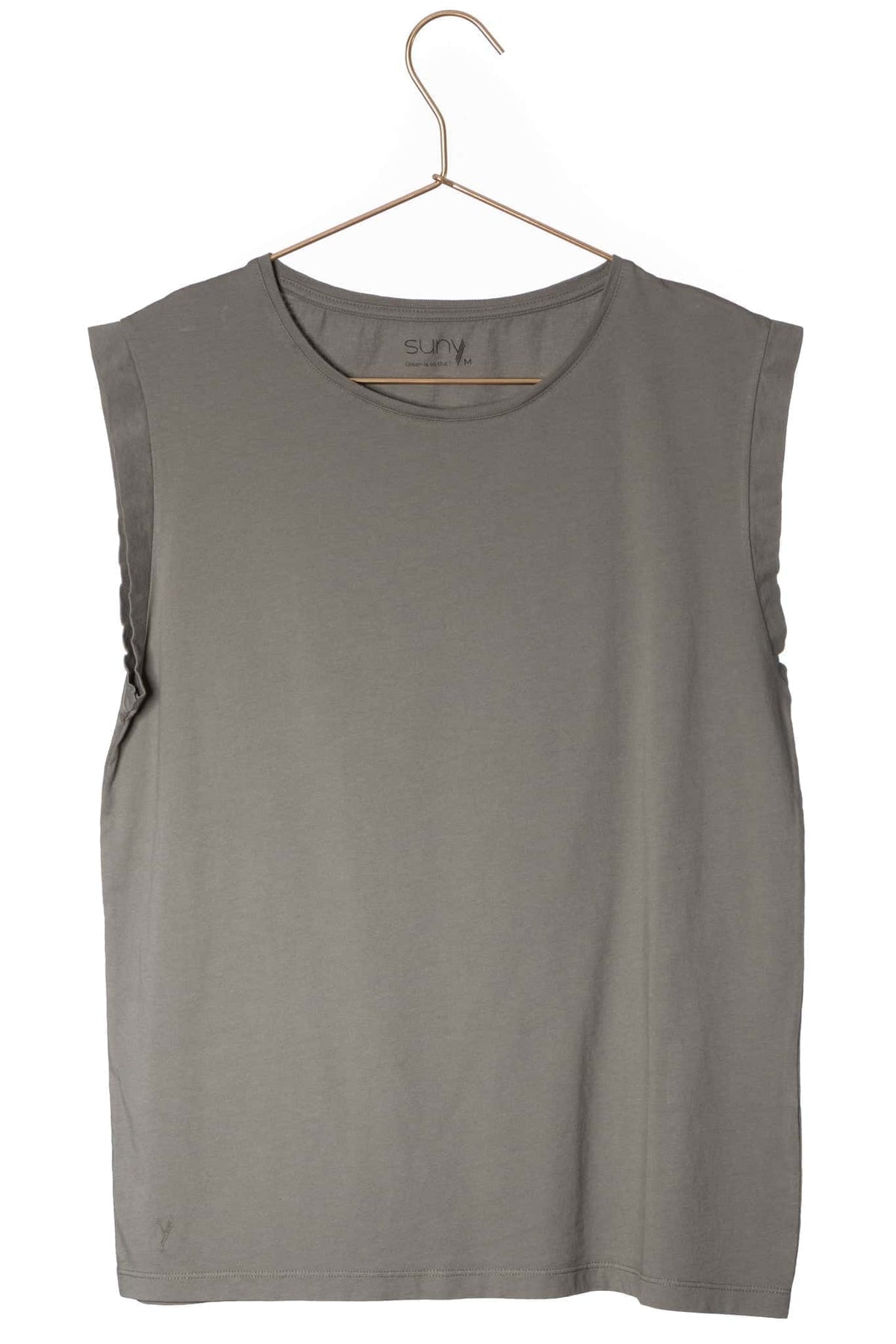 Tee shirt femme sans manche débardeur manche courte rock en coton jersey bio GOTS coupe droite, coupe ajustée, col rond gris kaki, gris, kaki, vert doux, gris vert