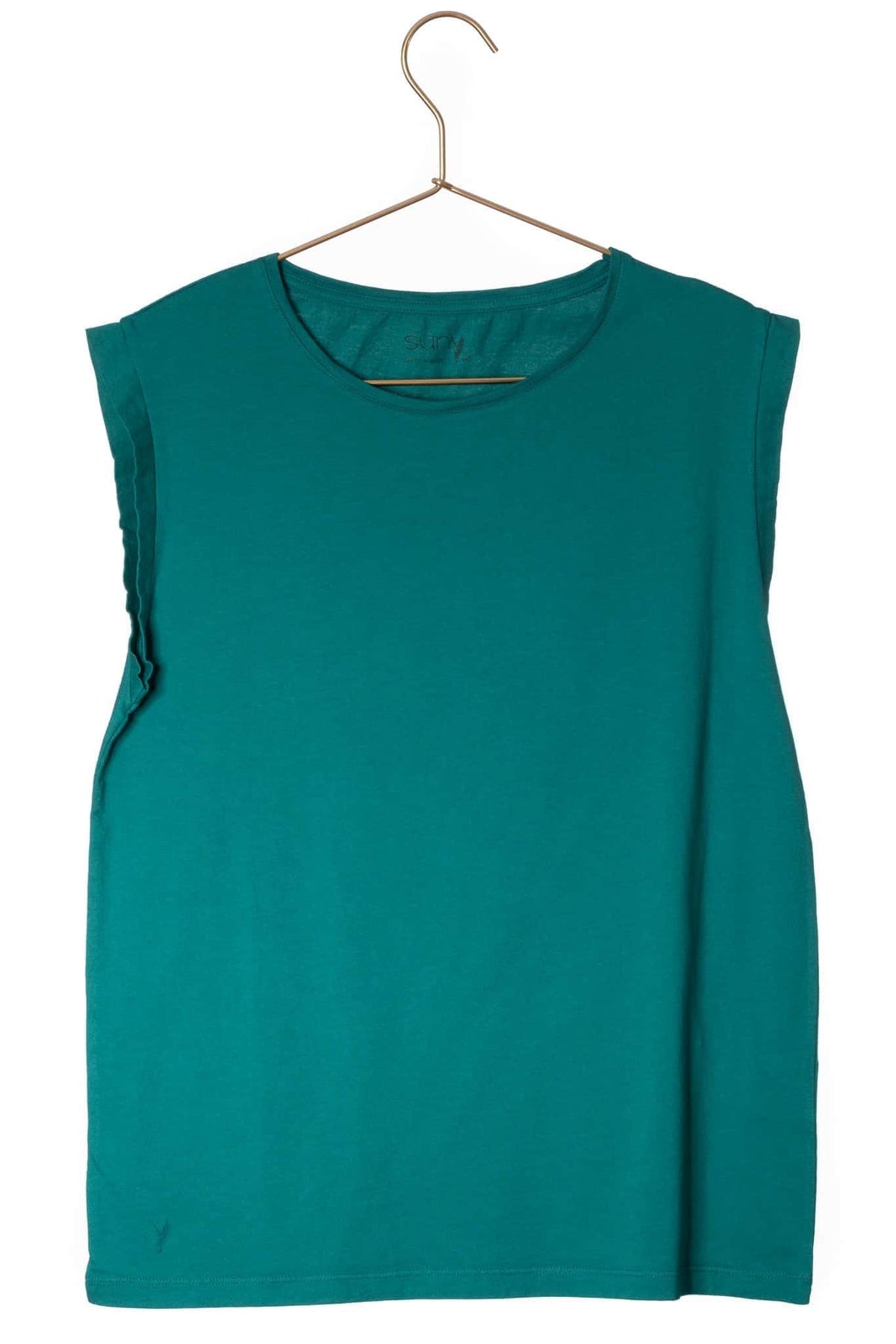 Tee shirt femme sans manche débardeur manche courte rock en coton jersey bio GOTS coupe droite, coupe ajustée, col rond vert émeraude, vert intense, vert lumineux, vert canard, vert bleu, vert vif, vert profond