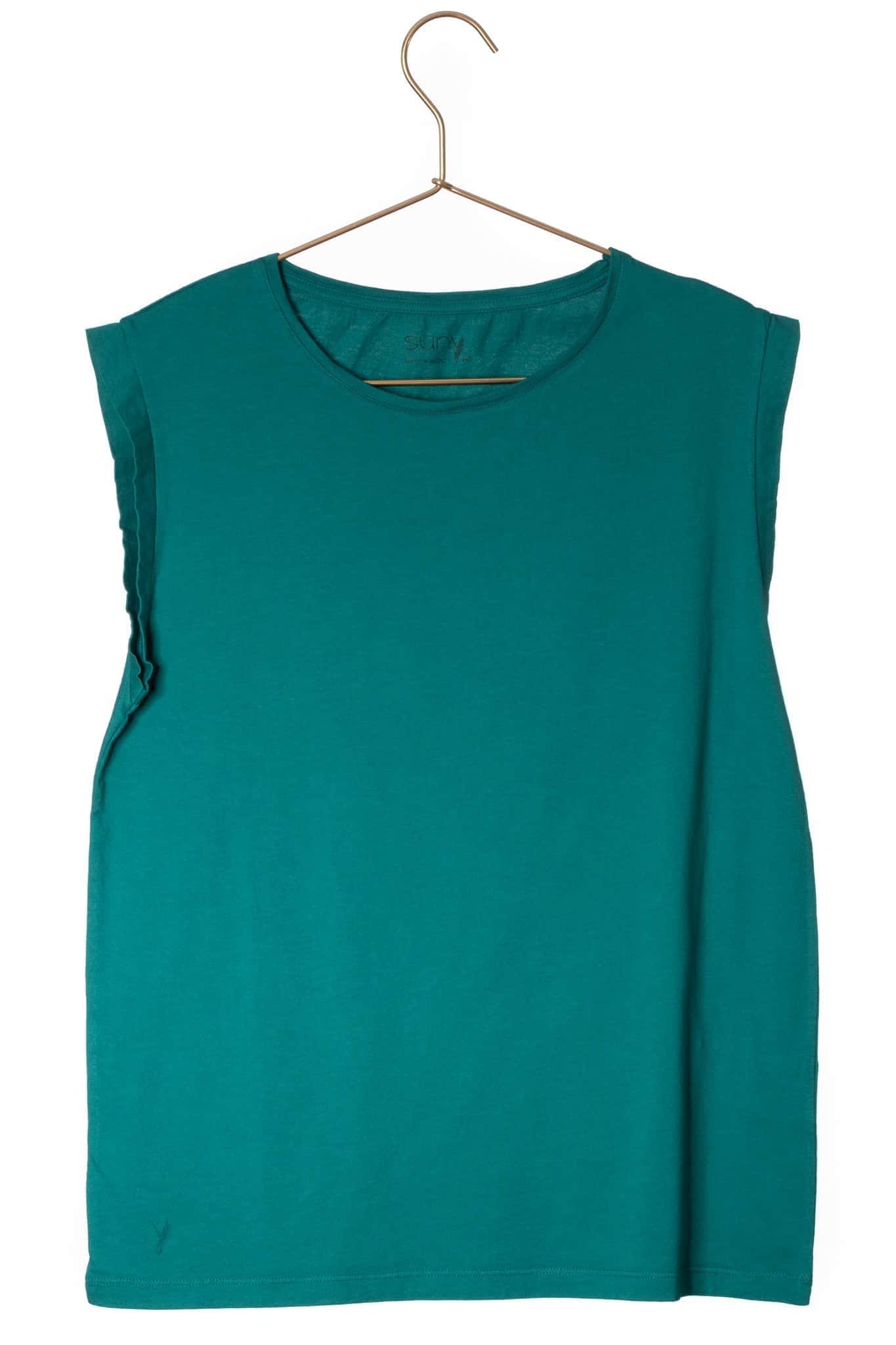 Tee shirt femme sans manche débardeur manche courte rock en coton jersey bio GOTS coupe droite, coupe ajustée, col rond vert émeraude, vert intense, vert lumineux, vert canard, vert bleu, vert vif, vert profond