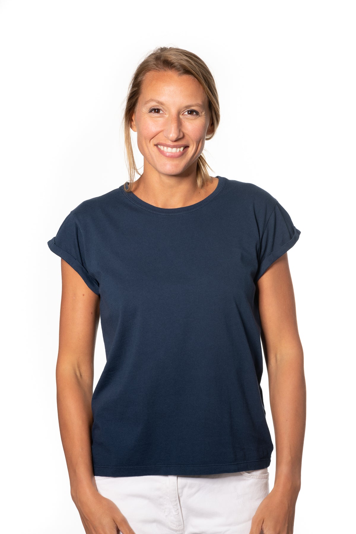 Tee shirt femme à manche courte retournée coupe droite en coton bio certifié GOTS col rond bleu marine, bleu foncé