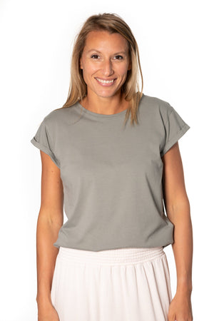 Tee shirt femme à manche courte retournée coupe droite en coton bio certifié GOTS col rond gris kaki, gris, kaki, vert doux, gris vert