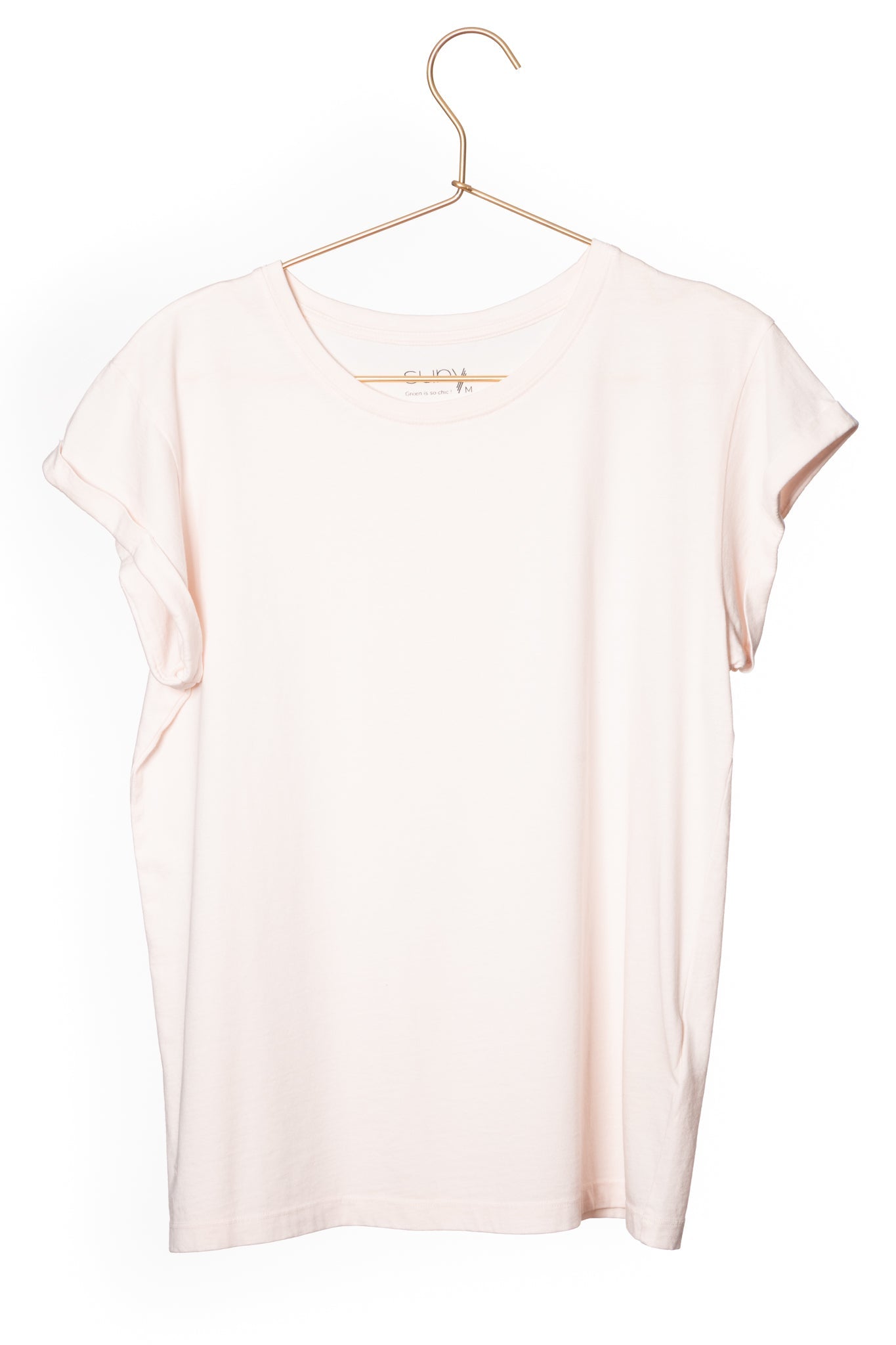Tee shirt femme à manche courte retournée coupe droite en coton bio certifié GOTS col rond rose poudre, rose pâle, blanc rosé, écru, rose clair