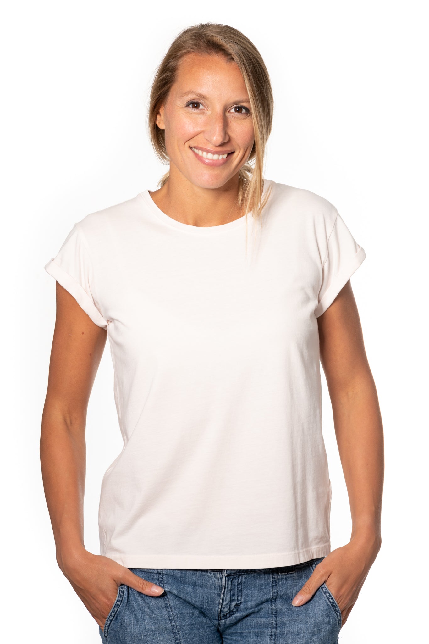 Tee shirt femme à manche courte retournée coupe droite en coton bio certifié GOTS col rond rose poudre, rose pâle, blanc rosé, écru, rose clair