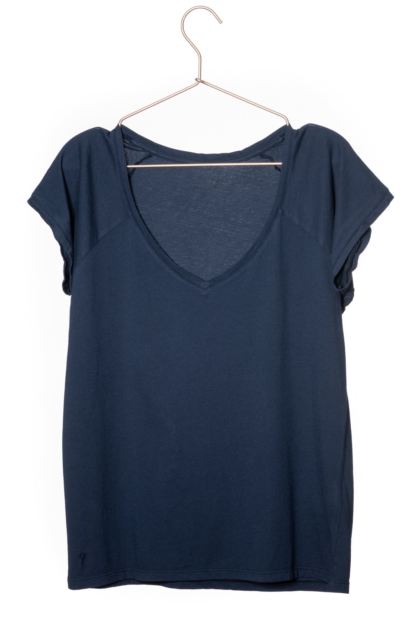 Tee shirt femme manche raglante courte, en coton bio GOTS éco responsable col V bleu marine, bleu foncé