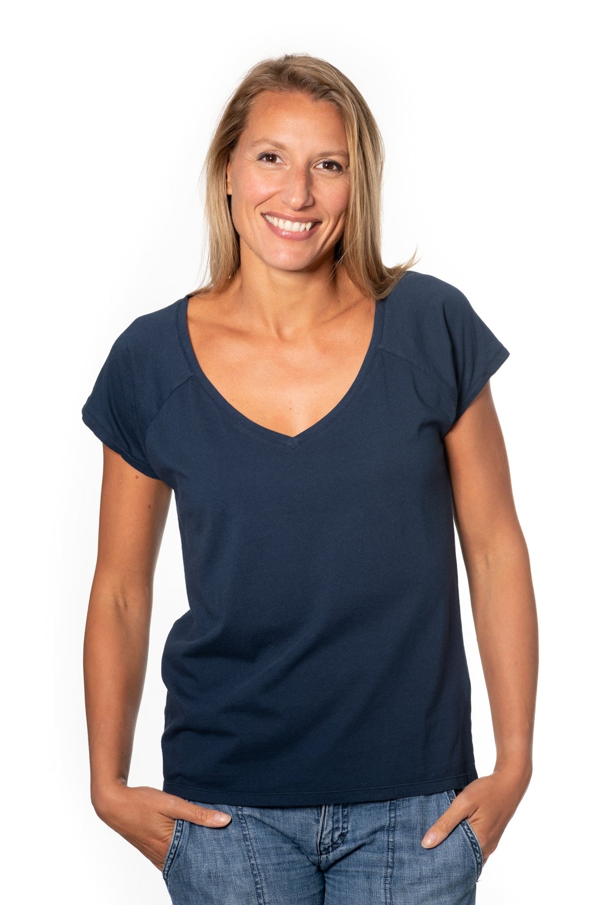 Tee shirt femme manche raglante courte, en coton bio GOTS éco responsable col V bleu marine, bleu foncé