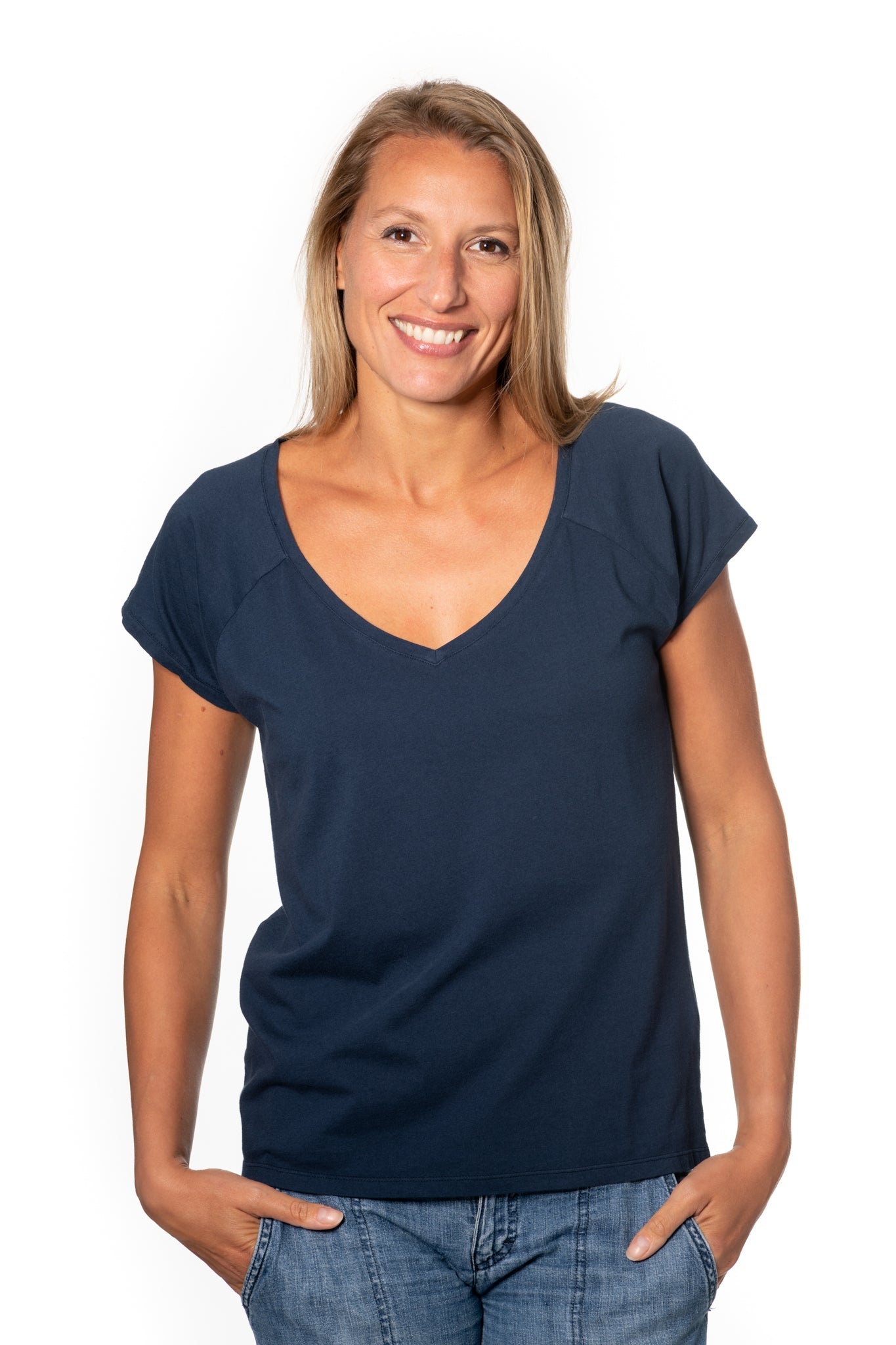 Tee shirt femme manche raglante courte, en coton bio GOTS éco responsable col V bleu marine, bleu foncé