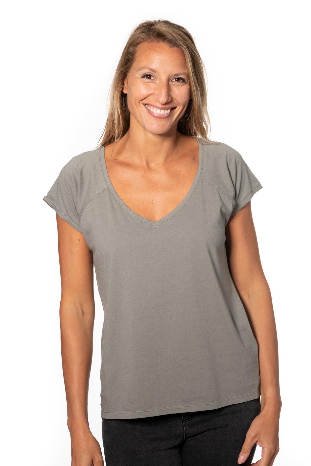 Tee shirt femme manche raglante courte, en coton bio GOTS éco responsable col V gris kaki, gris, kaki, vert doux, gris vert