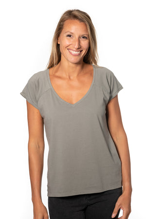 Tee shirt femme manche raglante courte, en coton bio GOTS éco responsable col V gris kaki, gris, kaki, vert doux, gris vert