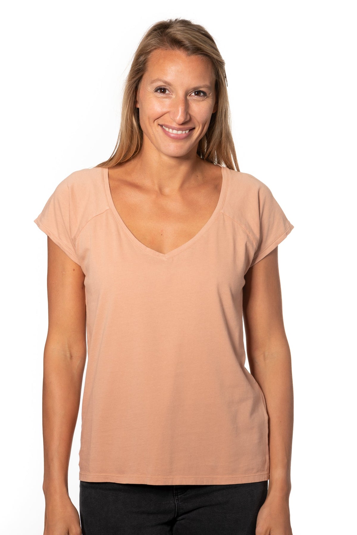 Tee shirt femme manche raglante courte, en coton bio GOTS éco responsable col V rose des sables, rose doux, rose corail, rose brun, rose orange, vieux rose, rose ancien, rose beige, rose caramel