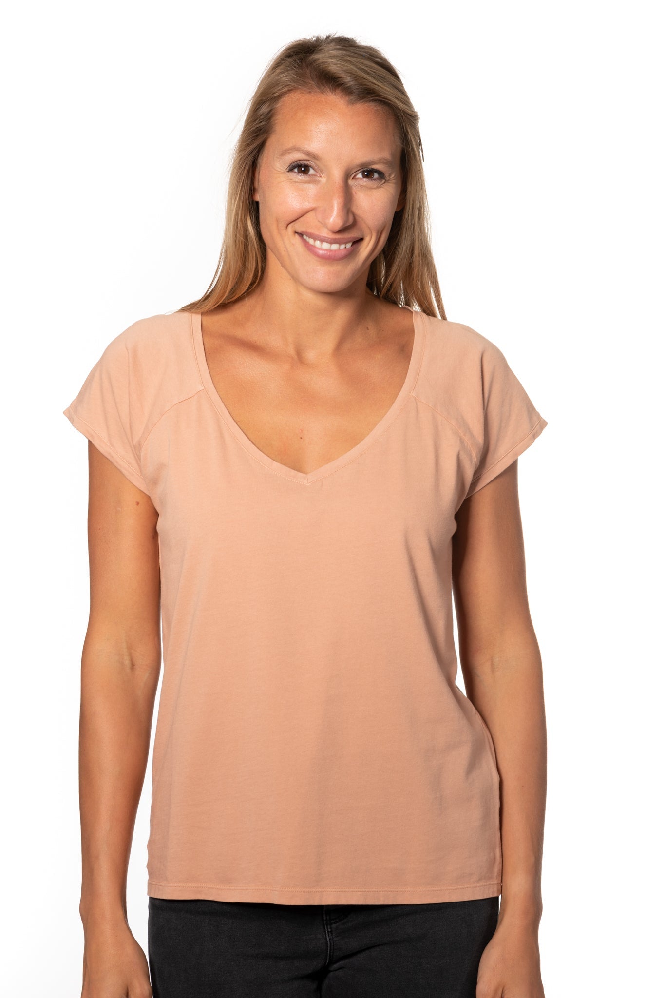 Tee shirt femme manche raglante courte, en coton bio GOTS éco responsable col V rose des sables, rose doux, rose corail, rose brun, rose orange, vieux rose, rose ancien, rose beige, rose caramel