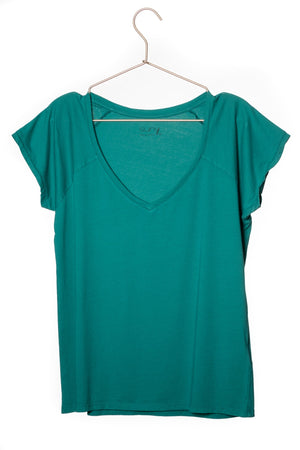 Tee shirt femme manche raglante courte, en coton bio GOTS éco responsable col V vert émeraude, vert intense, vert lumineux, vert canard, vert bleu, vert vif, vert profond