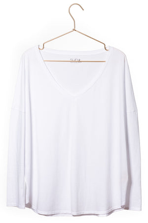 Tee shirt pour femme en coton bio GOTS eco responsable à manche longue, oversize, col V Extra suny blanc