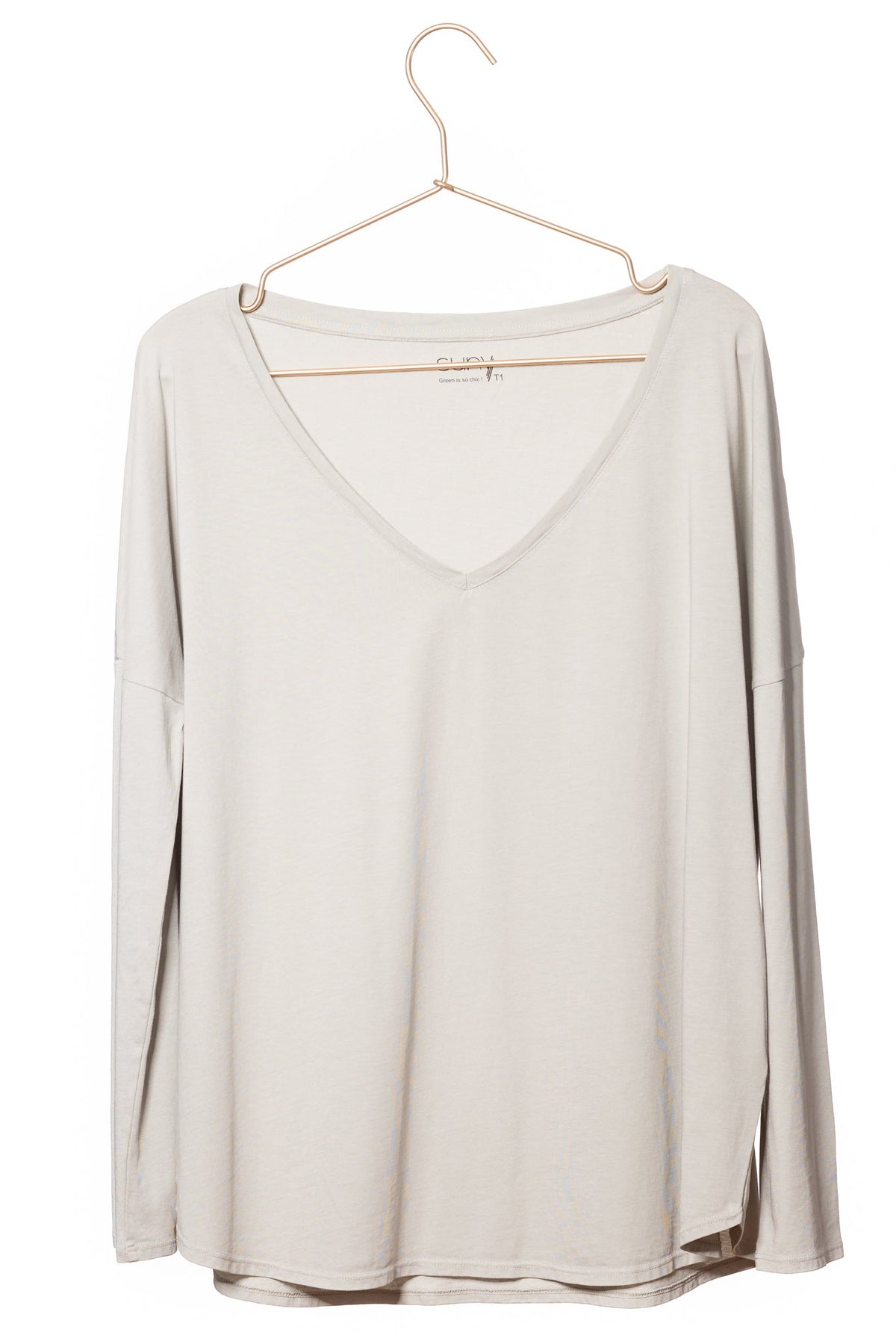 Tee shirt pour femme en coton bio GOTS eco responsable à manche longue, oversize, col V Extra suny gris clair, vert sauge