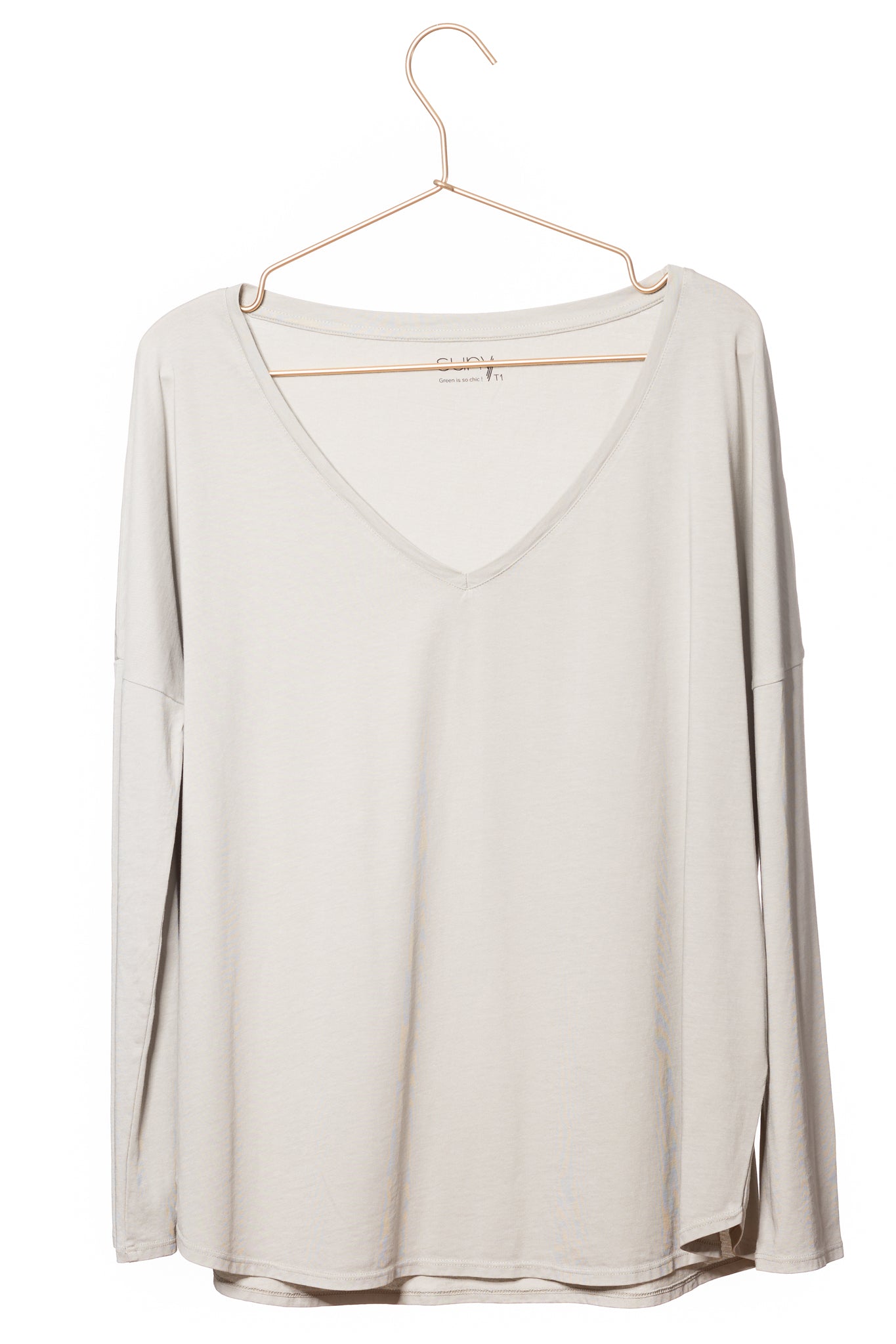 Tee shirt pour femme en coton bio GOTS eco responsable à manche longue, oversize, col V Extra suny gris clair, vert sauge