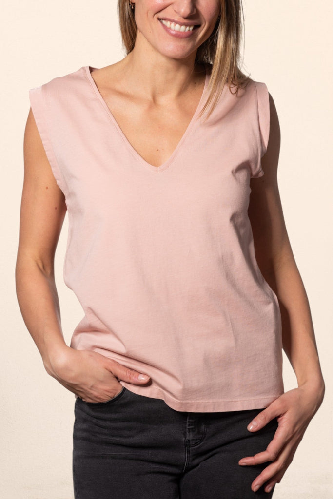 Tee shirt femme sans manche débardeur manche courte rock en coton jersey bio GOTS coupe droite, coupe ajustée, col V vieux rose, rose doux, rose beige, rose caramel  rose brun, rose 