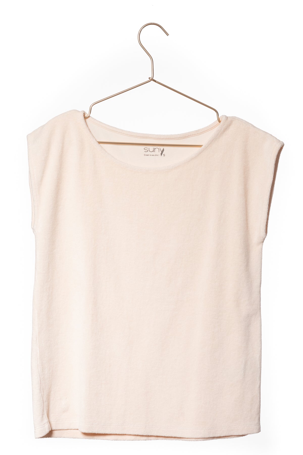 T shirt femme éponge bouclette manche courte coupe droite uni coton bio GOTS eco responsable col rond évasé nude