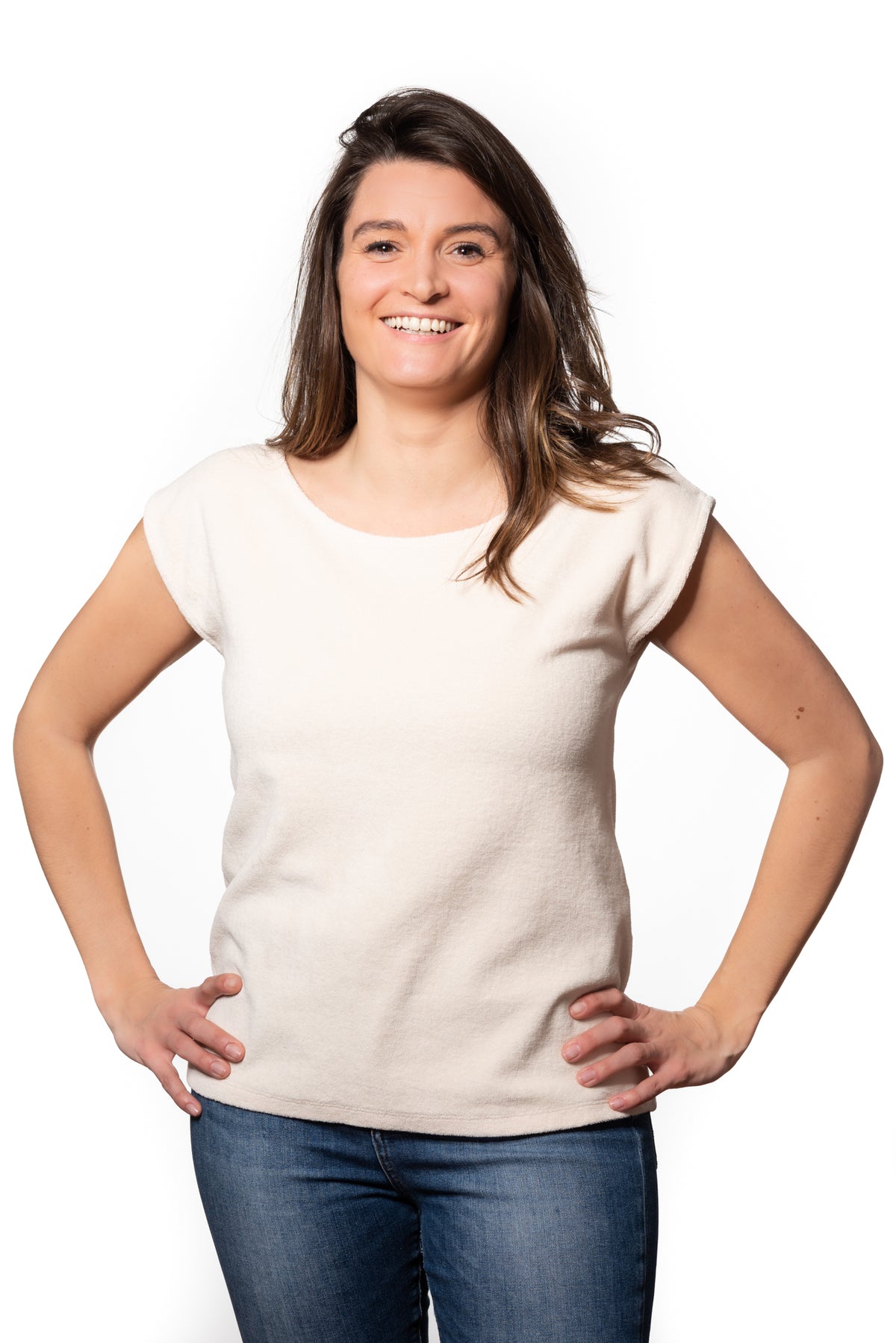 T shirt femme éponge bouclette manche courte coupe droite uni coton bio GOTS eco responsable col rond évasé nude