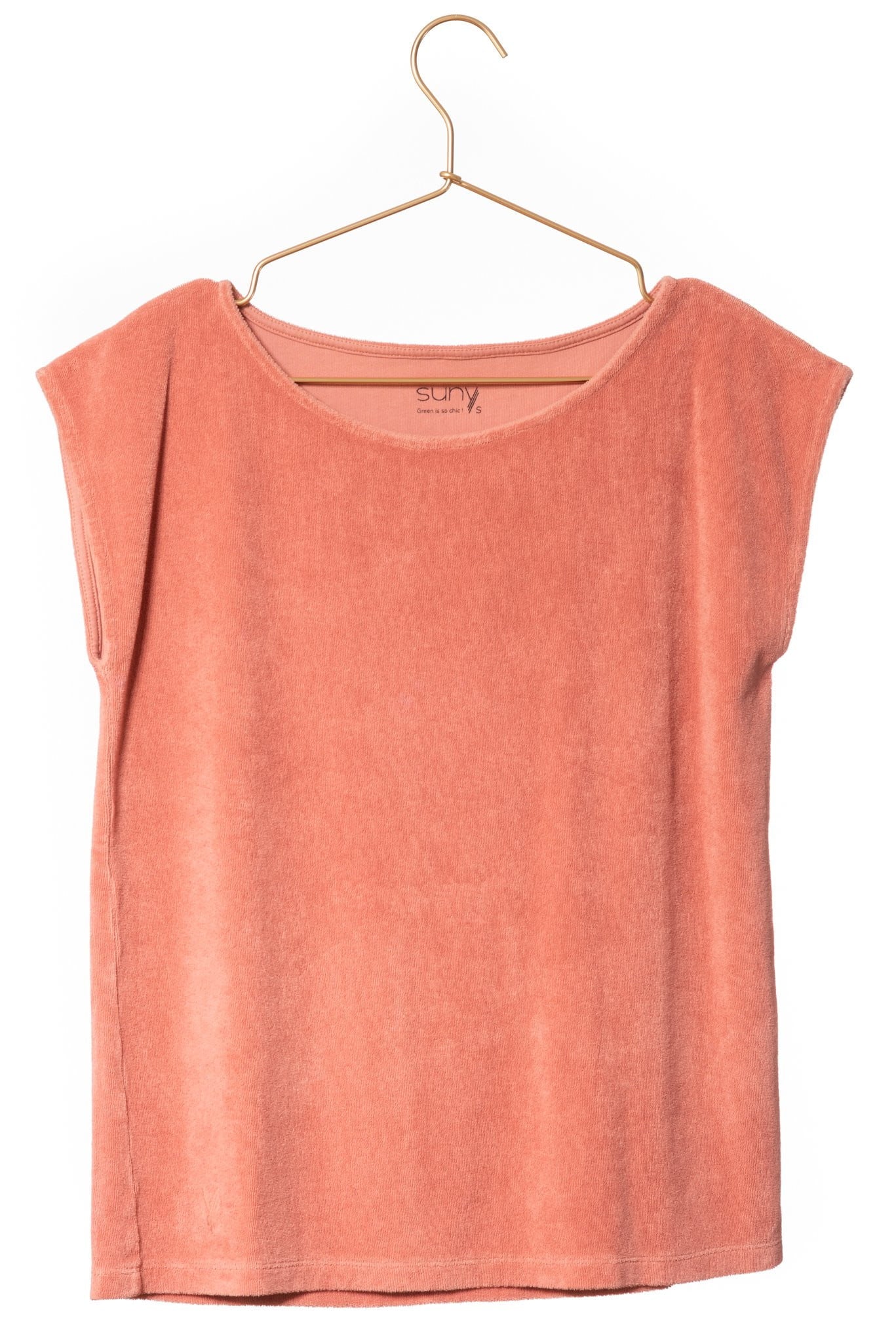 T shirt femme manche courte coupe droite uni coton bio éponge bouclette GOTS eco responsable col rond évasé terracotta rose foncé ocre