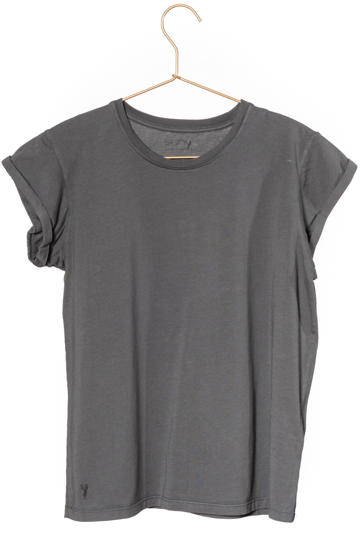Tee shirt femme manche courte à revers forme droite ajustée col rond encolure ronde super Suny gris charbon anthracite gris foncé noir délavé en coton jersey bio GOTS et eco responsable