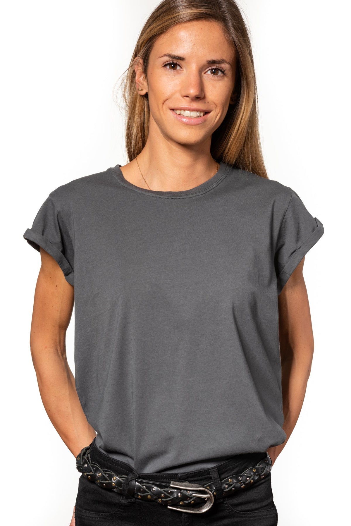 Tee shirt femme manche courte à revers forme droite ajustée col rond encolure ronde super Suny gris charbon anthracite gris foncé noir délavé en coton jersey bio GOTS et eco responsable