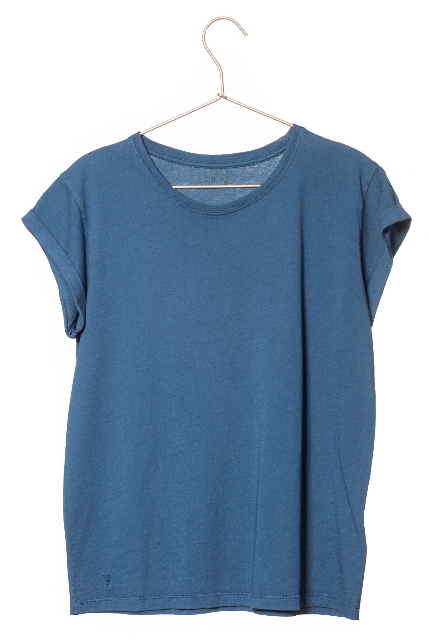 Tee shirt femme manche courte à revers forme droite ajustée col rond encolure ronde super Suny bleu foncé bleu marine bleu soutenu en coton jersey bio GOTS et eco responsable