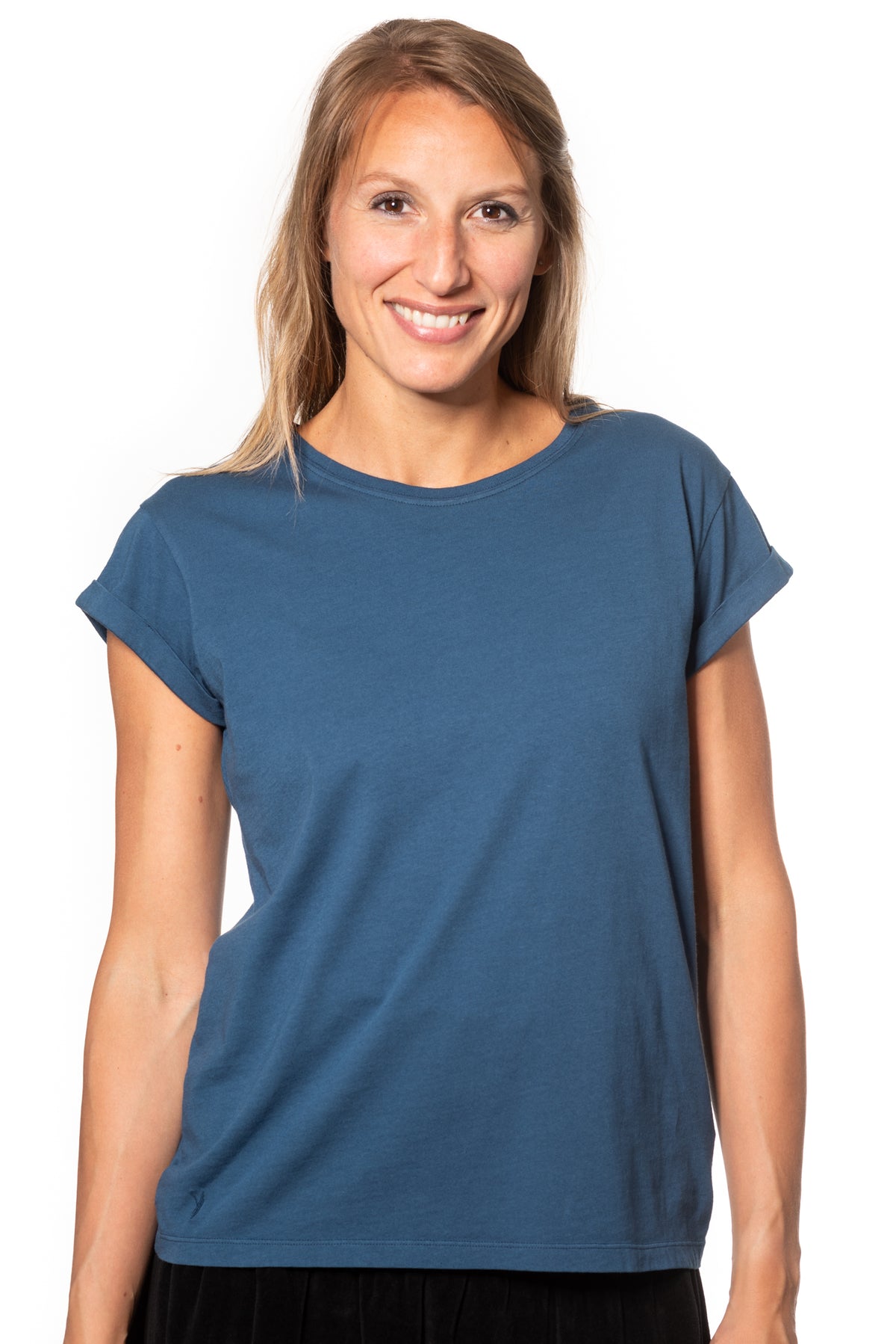 Tee shirt femme manche courte à revers forme droite ajustée col rond encolure ronde super Suny bleu foncé bleu marine bleu soutenu en coton jersey bio GOTS et eco responsable