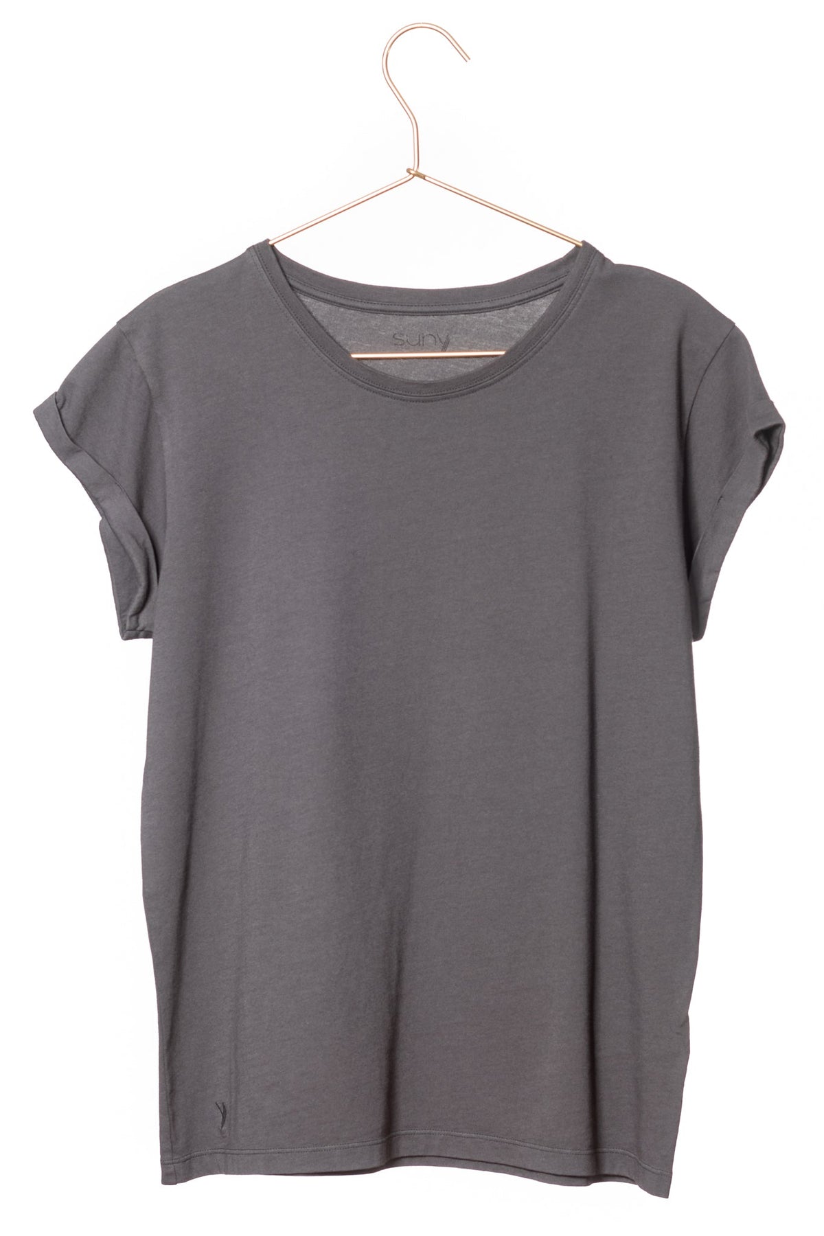 Tee shirt femme manche courte à revers forme droite ajustée col rond encolure ronde super Suny gris charbon anthracite gris foncé noir délavé en coton jersey bio GOTS et eco responsable
