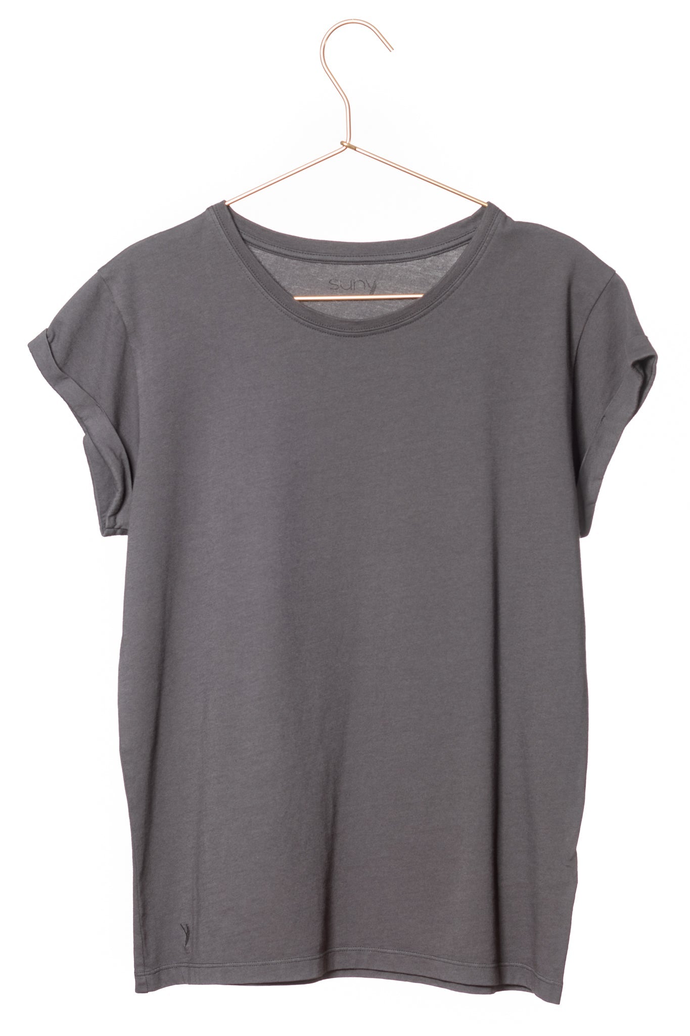 Tee shirt femme manche courte à revers forme droite ajustée col rond encolure ronde super Suny gris charbon anthracite gris foncé noir délavé en coton jersey bio GOTS et eco responsable