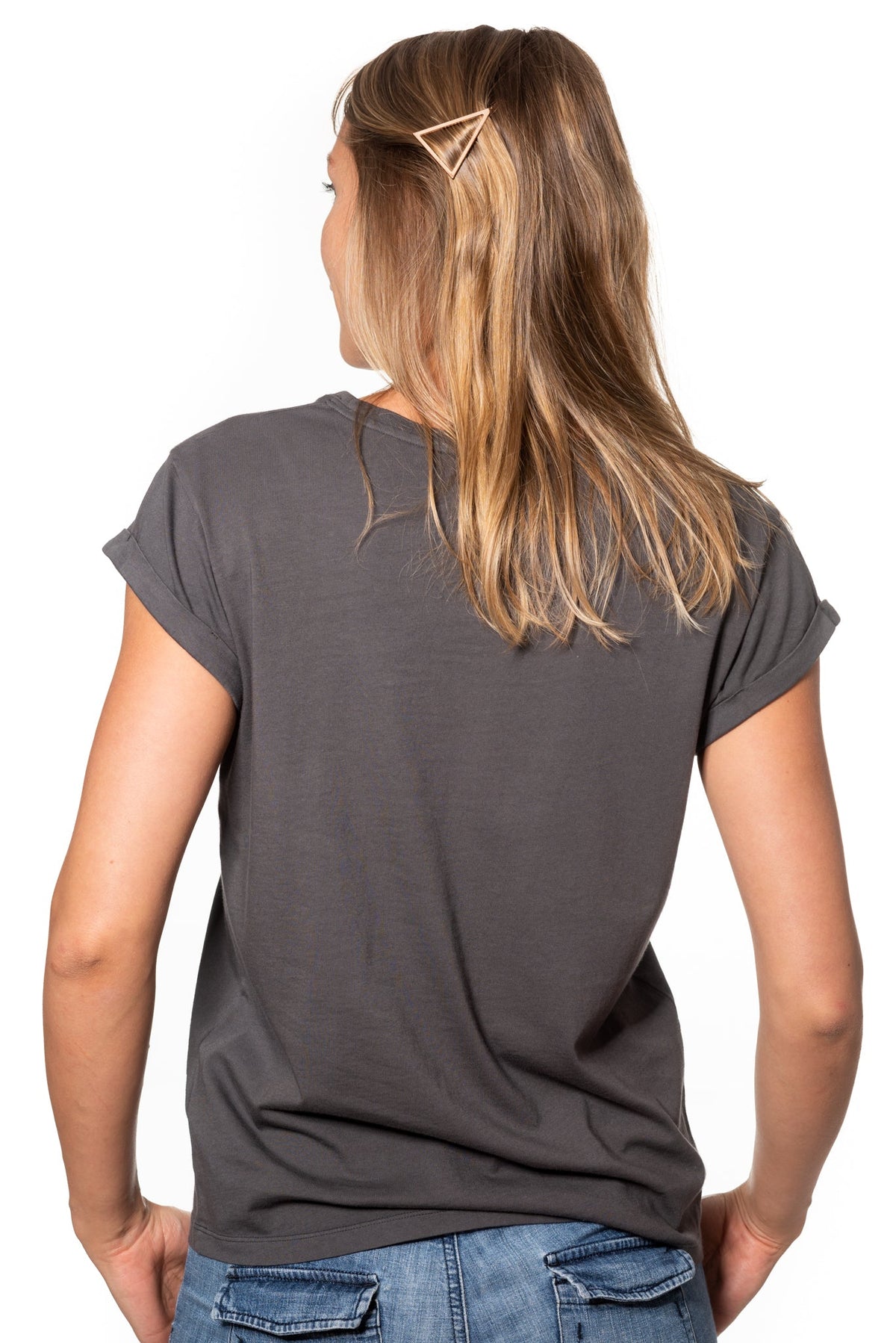 Tee shirt femme manche courte à revers forme droite ajustée col rond encolure ronde super Suny gris charbon anthracite gris foncé noir délavé en coton jersey bio GOTS et eco responsable