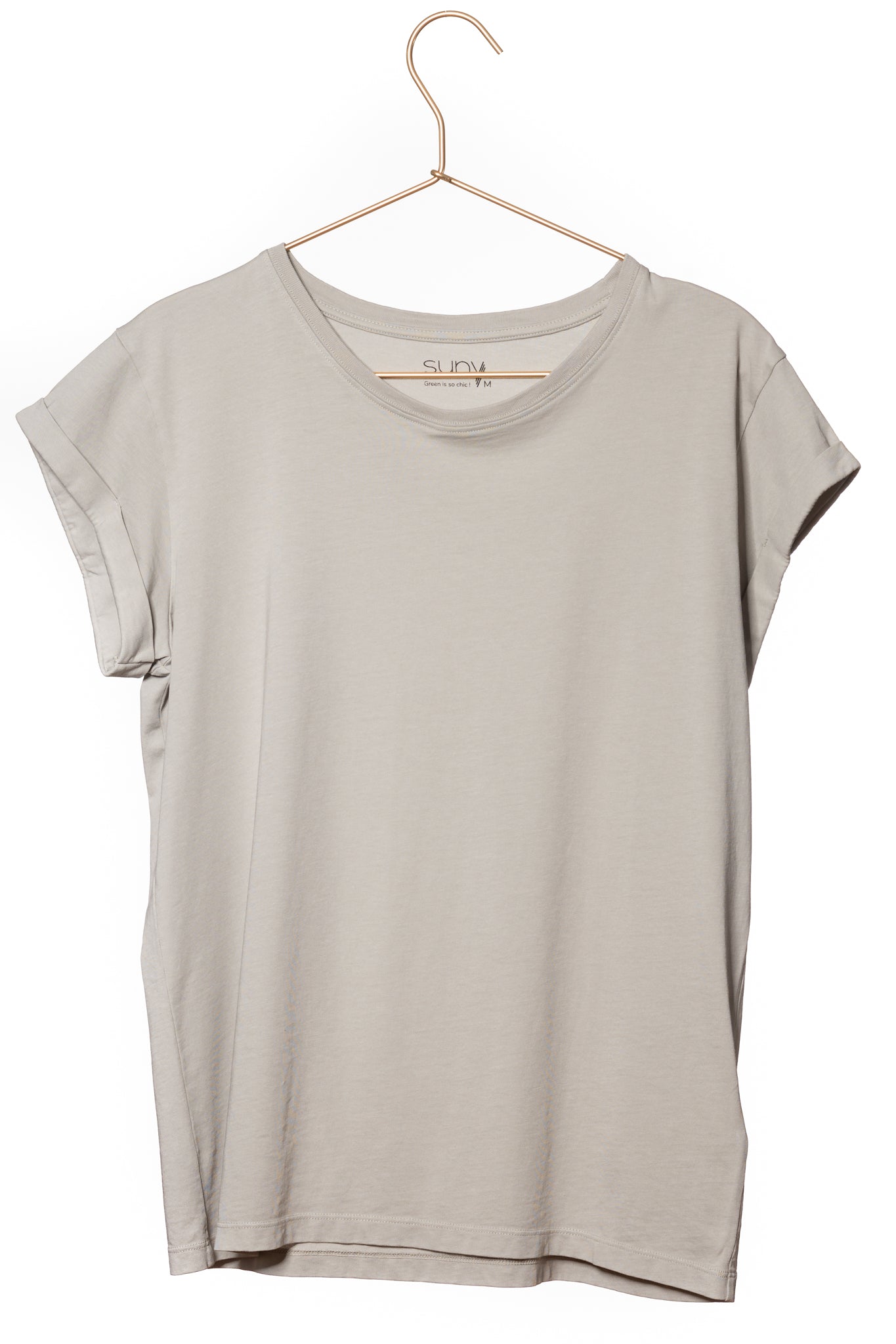 Tee shirt femme manche courte à revers forme droite ajustée col rond encolure ronde super Suny de couleur gris gris clair vert sauge en coton jersey bio GOTS et eco responsable