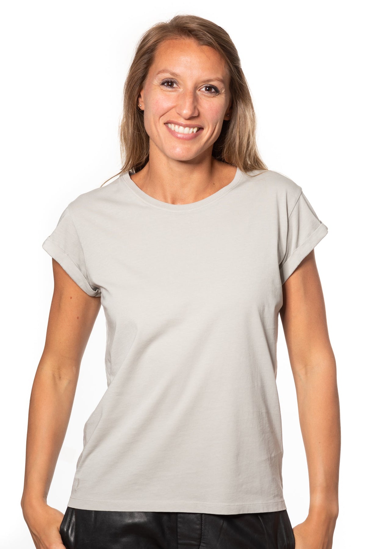 Tee shirt femme manche courte à revers forme droite ajustée col rond encolure ronde super Suny de couleur gris gris clair vert sauge en coton jersey bio GOTS et eco responsable