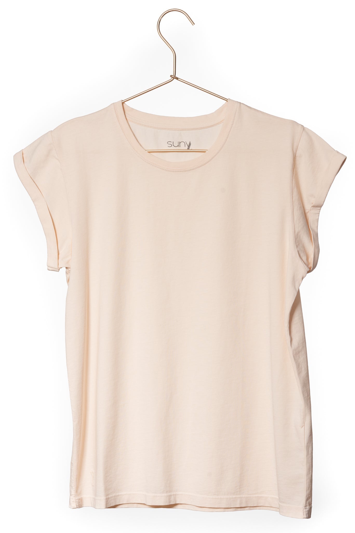 Tee shirt femme manche courte à revers forme droite ajustée col rond encolure ronde super Suny nude écru blanc cassé beige rose nude en coton jersey bio GOTS et eco responsable