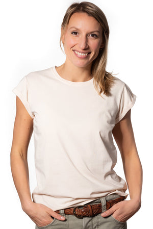 Tee shirt femme manche courte à revers forme droite ajustée col rond encolure ronde super Suny nude écru blanc cassé beige rose nude en coton jersey bio GOTS et eco responsable