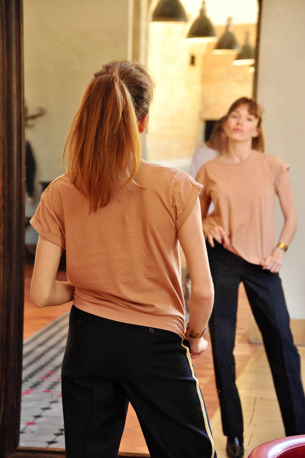 Tee shirt femme manche courte à revers forme droite ajustée col rond encolure ronde super Suny vieux rose rose rose doux rose ancien rose pâle en coton jersey bio GOTS et eco responsable