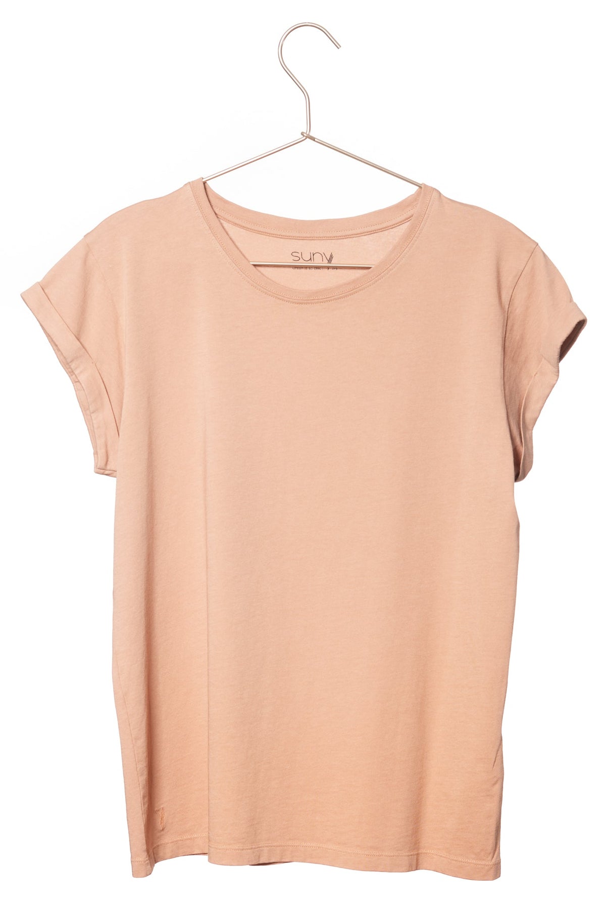 Tee shirt femme manche courte à revers forme droite ajustée col rond encolure ronde super Suny vieux rose rose rose doux rose ancien rose pâle en coton jersey bio GOTS et eco responsable