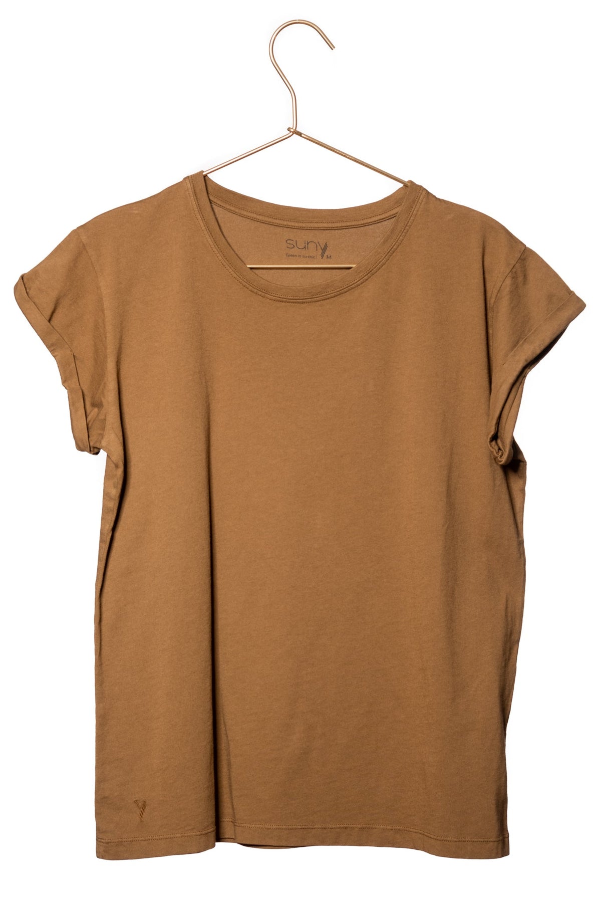 Tee shirt femme manche courte à revers forme droite ajustée col rond encolure ronde super Suny tabac brun bronze en coton jersey bio GOTS et eco responsable