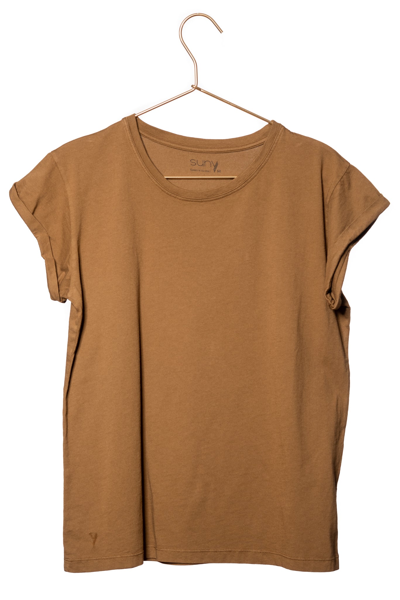 Tee shirt femme manche courte à revers forme droite ajustée col rond encolure ronde super Suny tabac brun bronze en coton jersey bio GOTS et eco responsable